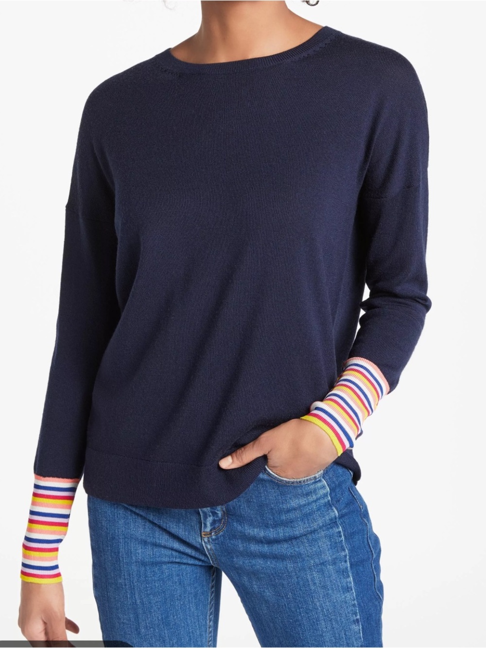 BODEN Cassandra Wool Crew Neck Sweater Navy Rainbow size X Small